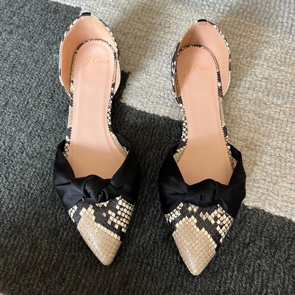 J. Crew Snakeskin with Black Satin Bow Knot D’Orsay Flats - Size 8